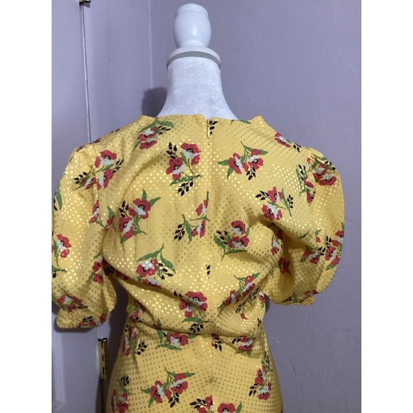Jill Stuart Puff Sleeve Yellow Floral Fit & Flare MIDI Dress 0 - Picture 7 of 8